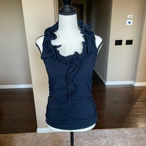 Navy blue Tank top with ruffles around neck and down abdomen